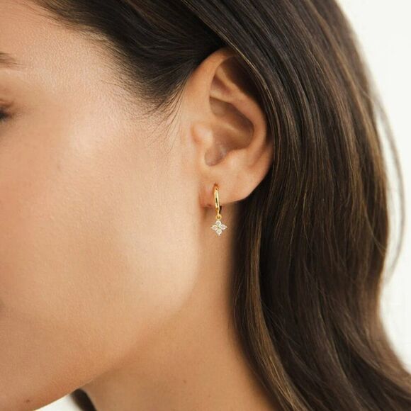 Dainty Crystal Flower Charm Hoop Earrings in Gold - Picture 4 of 13